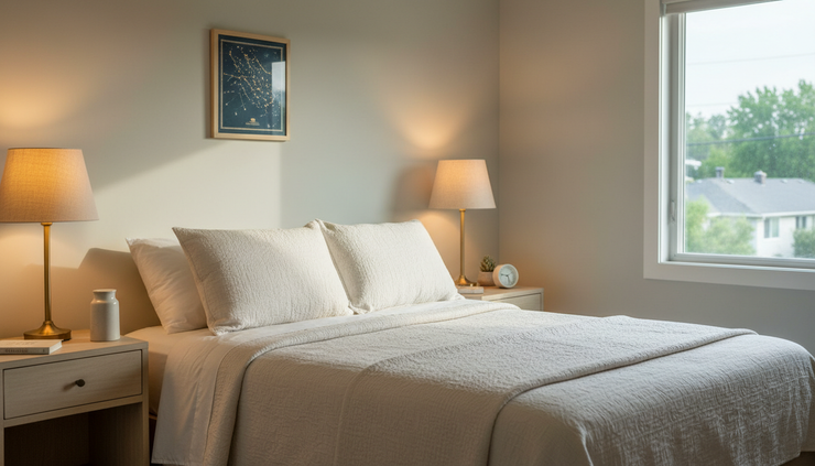 Eye-level view of a staged bedroom with layered lighting and a calm neutral palette
