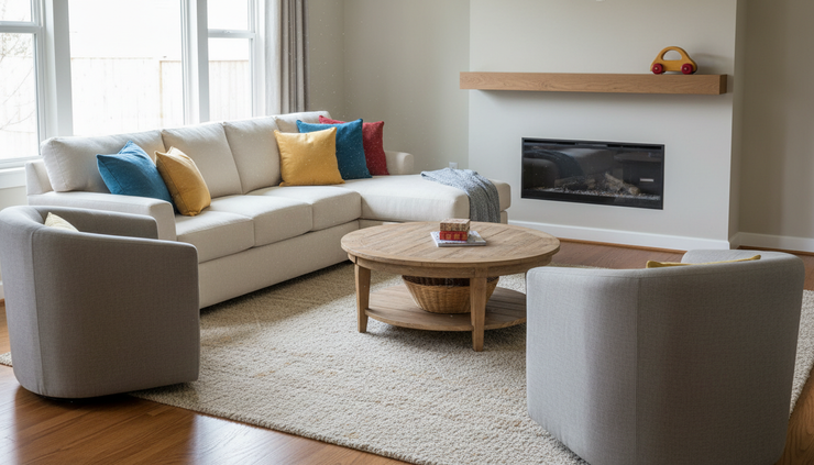 Eye-level view of a staged family room with furniture arranged around a central coffee table