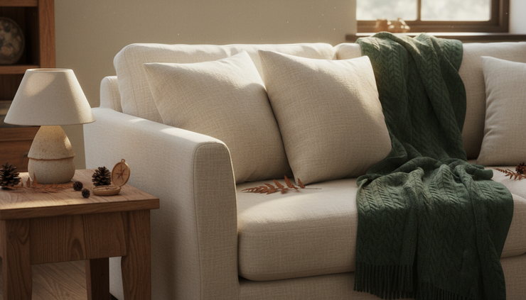 Close-up view of a textured sofa with cream pillows, green throw blanket, and wood side table
