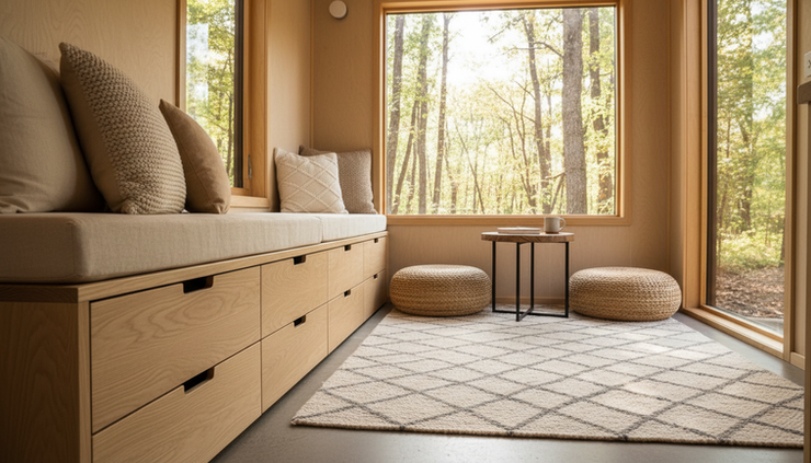 Wide-angle view of a bright tiny home living area with built-in seating and hidden storage.