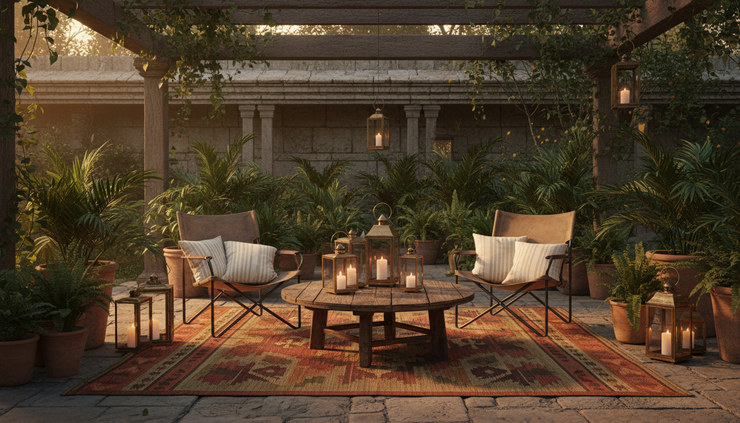 Wide-angle view of a cozy patio with canvas chairs, lanterns, potted plants, woven outdoor rug, and a small wood table