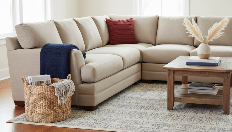 Eye-level view of a staged family room with washable-looking textiles and a tidy storage basket.