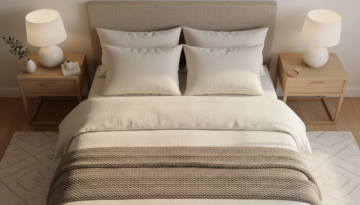 Overhead view of a staged bedroom with neutral bedding and a single folded throw