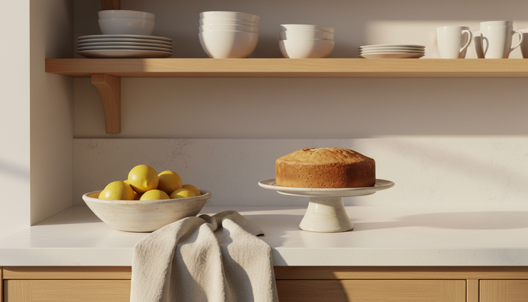 Eye-level view of a staged kitchen counter with a cake stand, citrus bowl, and clean white dishes.