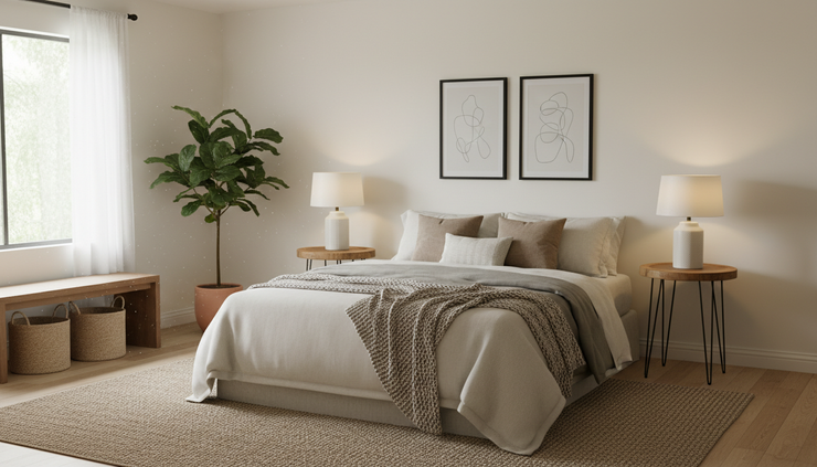Eye-level view of a cozy bedroom with a neatly styled bed and balanced nightstands