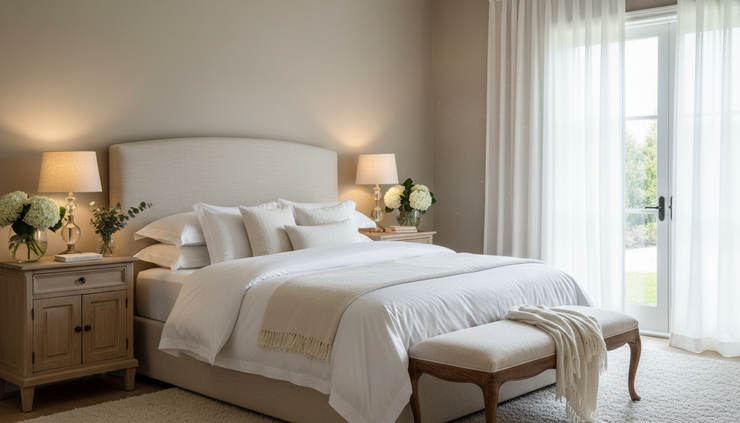 Wide-angle view of a staged bedroom with calm colors and simple layered bedding