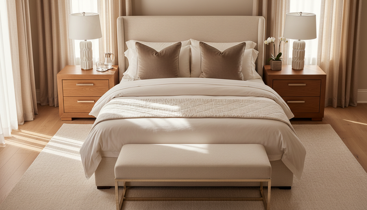 Overhead view of a serene primary bedroom with ivory bedding and a champagne bench