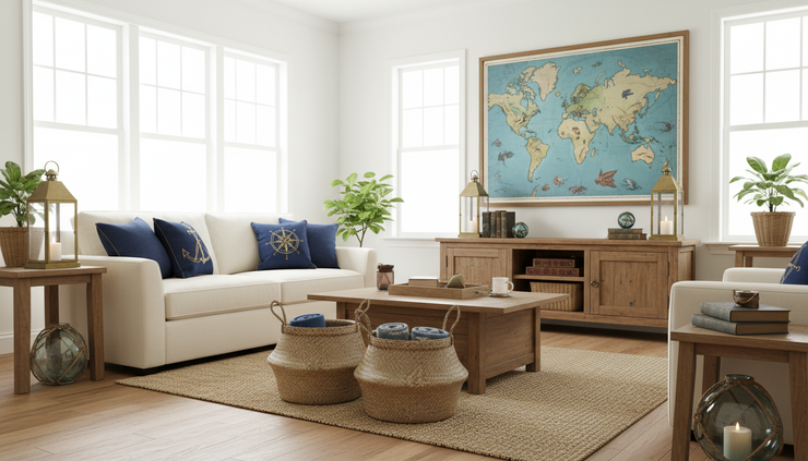 Wide-angle view of a coastal living room with blue accents and warm wood details.