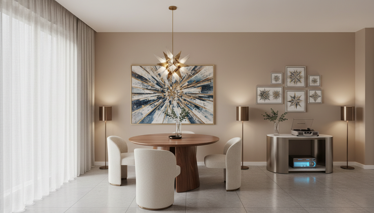 Wide-angle view of a staged dining area with a round table and star inspired wall art.