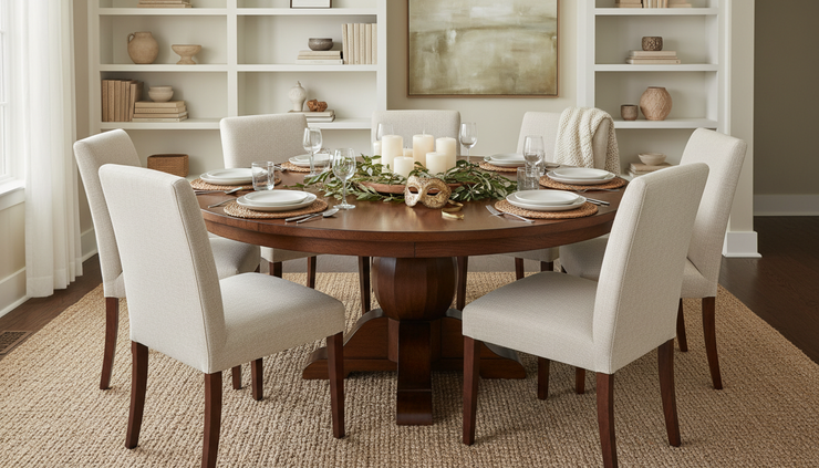 Wide-angle view of a staged dining area with warm table settings and a subtle theatrical centerpiece