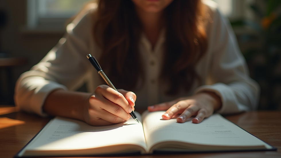 Plano cercano de una persona escribiendo en un diario emocional con luz natural