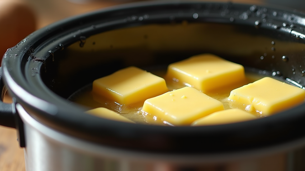 Close-up view of a slow cooker with melted butter inside