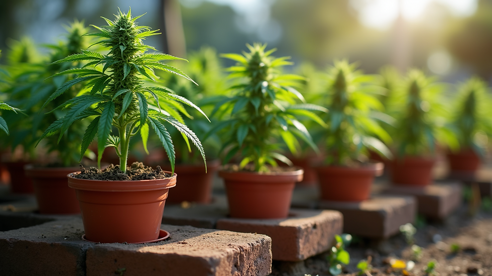 Eye-level view of cannabis pots elevated on bricks for drainage