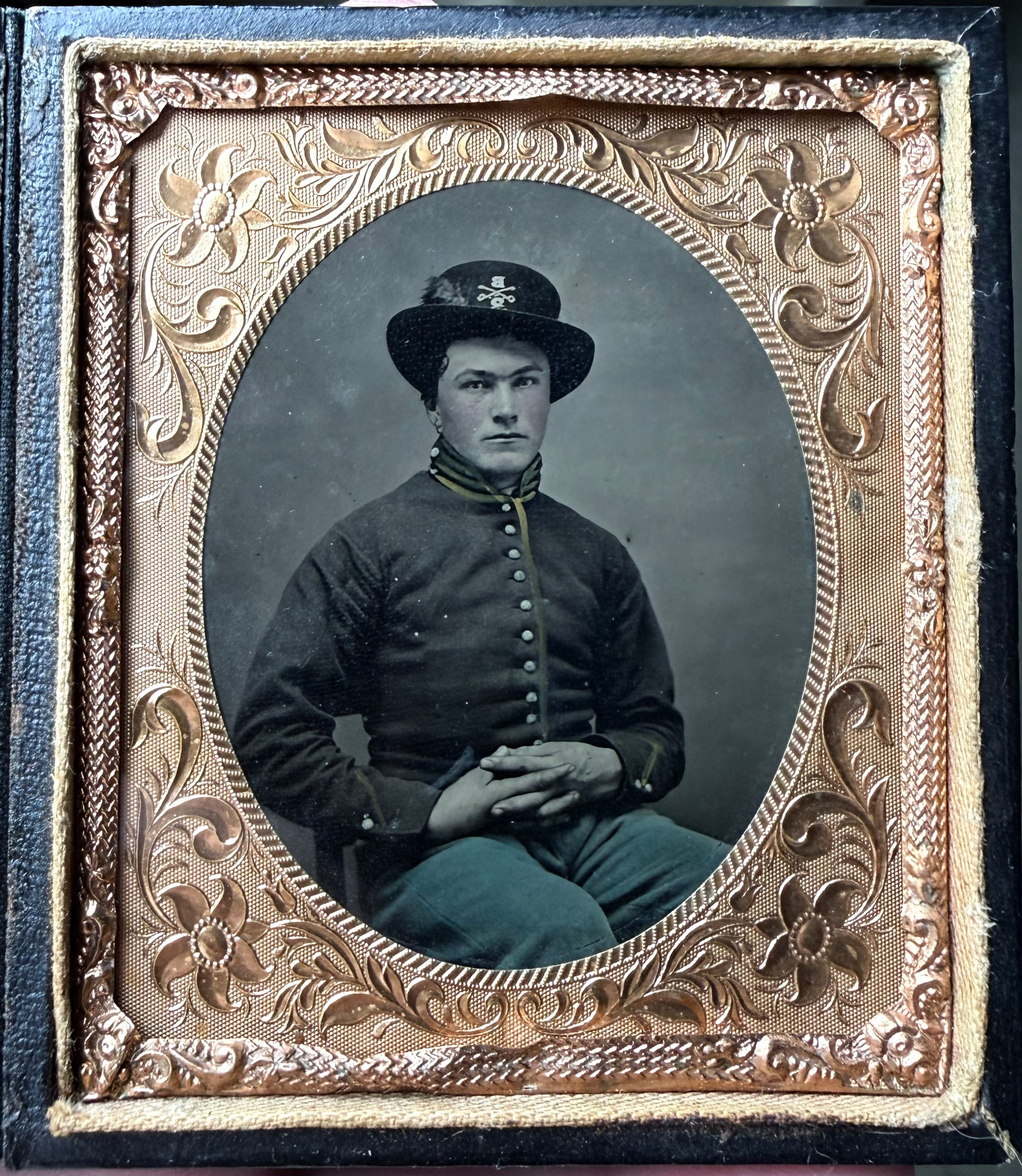 Civil War 1/6 Tintype of a Seated Cavalry Soldier Wearing Hat