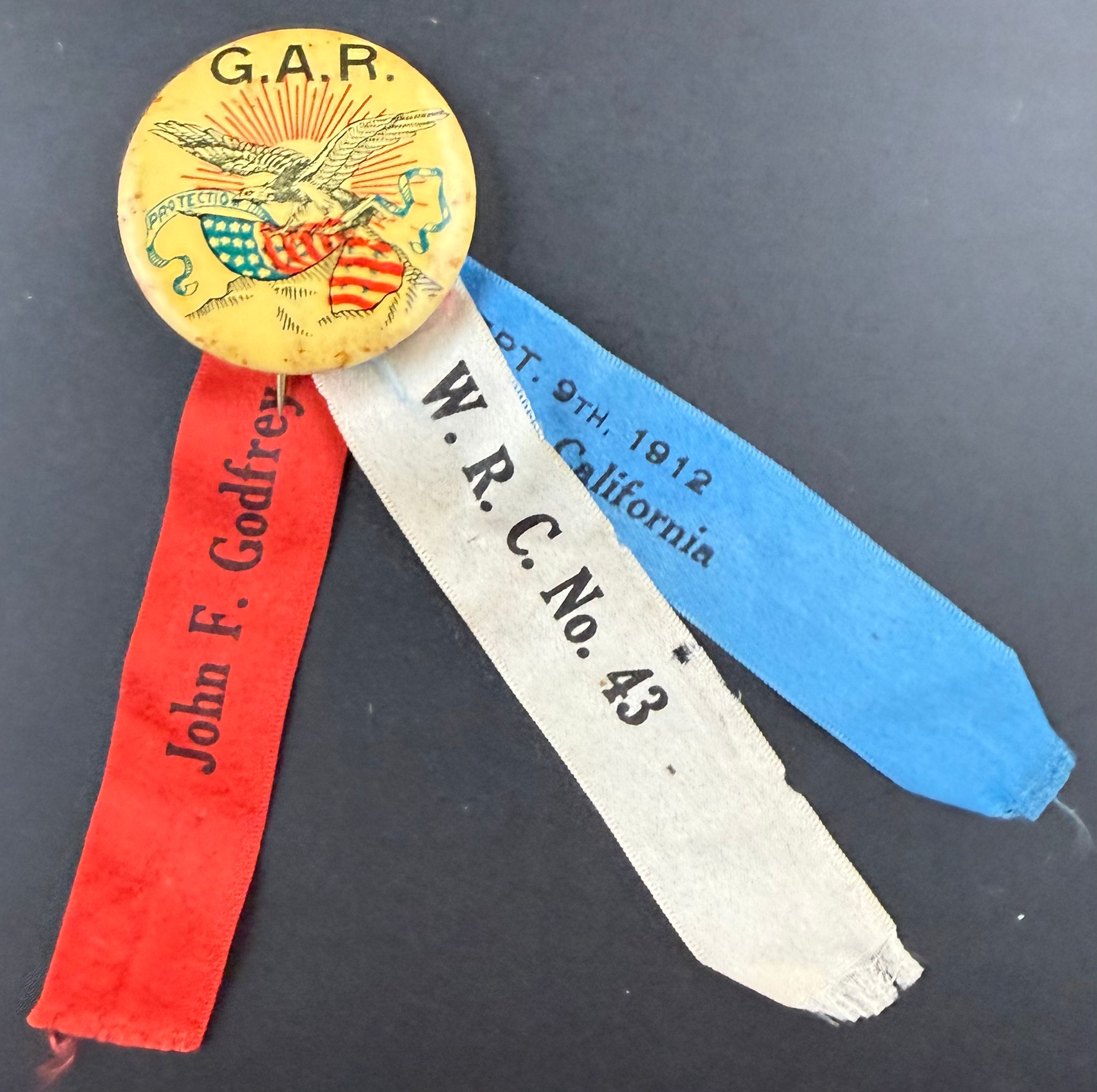 Civil War GAR Pasadena California 1912 Pin Ribbon “John F Godfrey” 