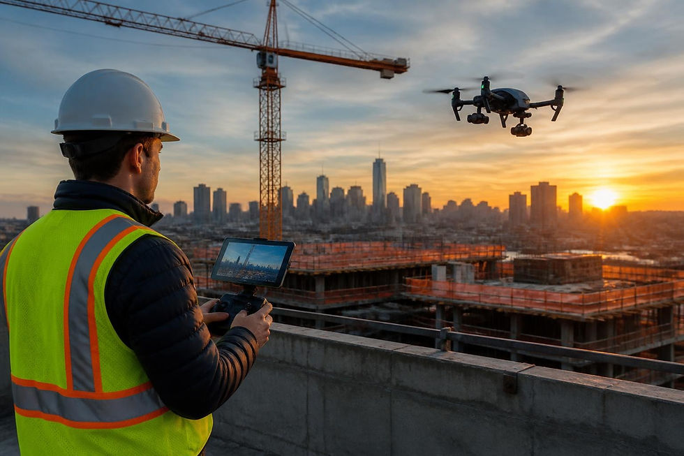 Drone pilot operating a commercial drone over an active construction site at sunset, capturing professional aerial photography for project documentation and progress monitoring.