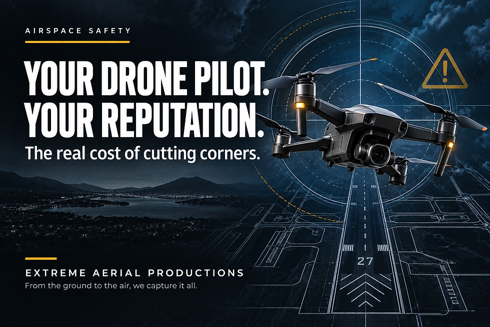 Editorial illustration of a drone, airport map and caution symbol with the words “Your drone pilot. Your reputation.”