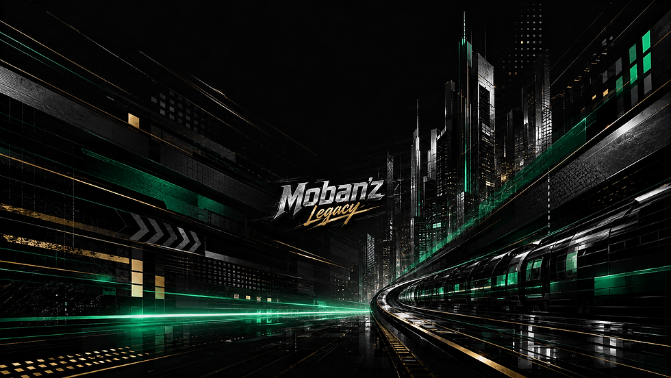 Mabanz Legacy logo over futuristic green-lit cityscape