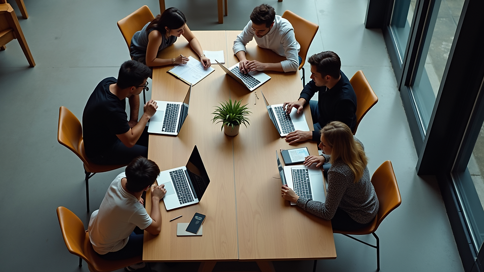 High angle view of students collaborating around a table with laptops and notebooks