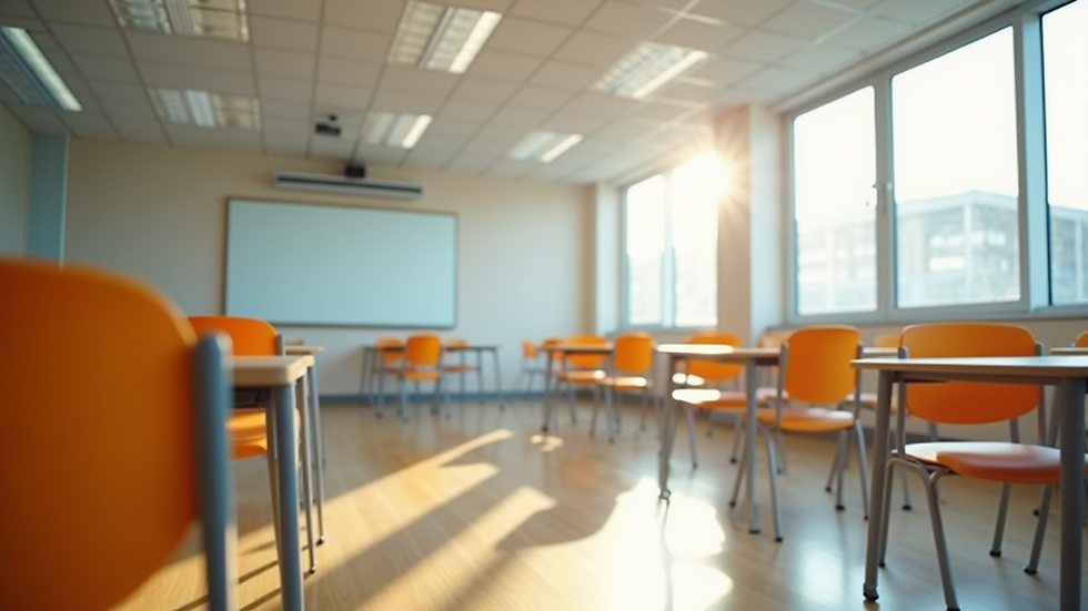 Eye-level view of a bright classroom with flexible seating arrangements