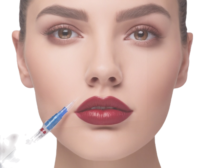 beautiful facial shot with beautiful eyes and dark red lips and syringe injecting into a c...ted.png