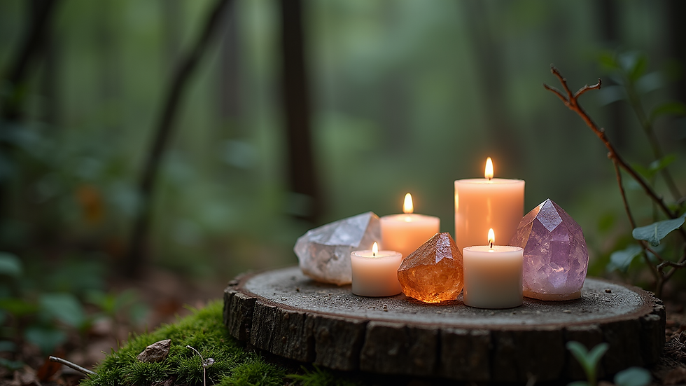 Close-up view of a small altar with crystals and candles in a forest setting