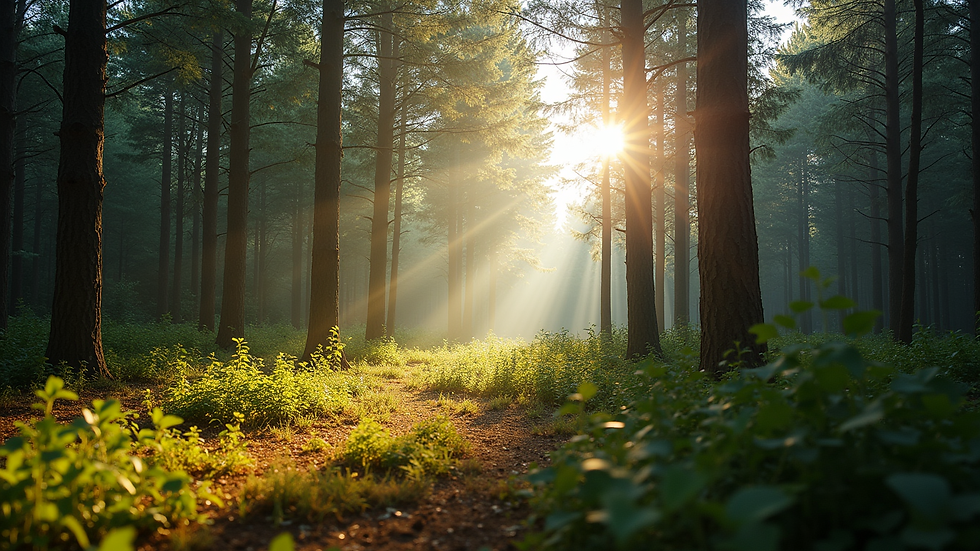 Eye-level view of a forest clearing with sunlight filtering through trees