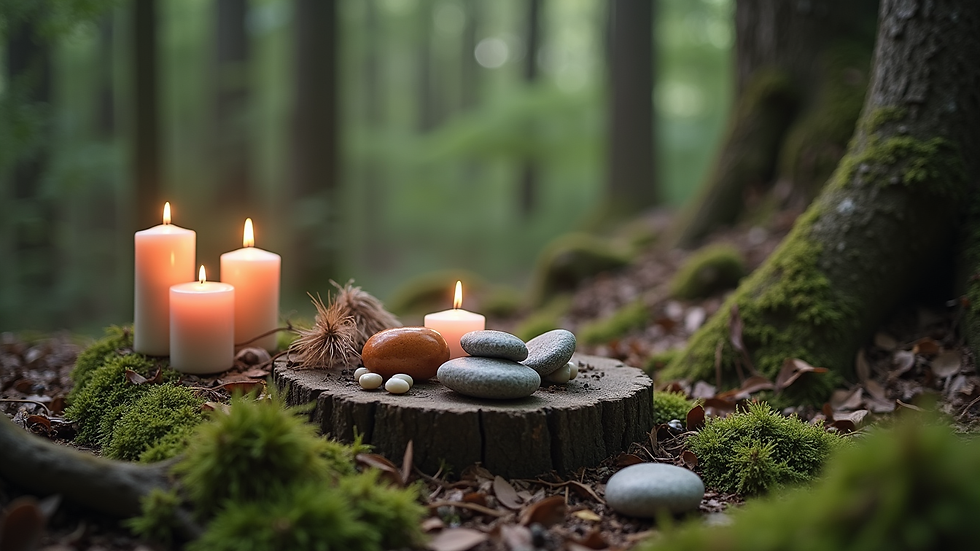 Close-up view of a small altar with natural elements like stones, feathers, and candles in a forest grove