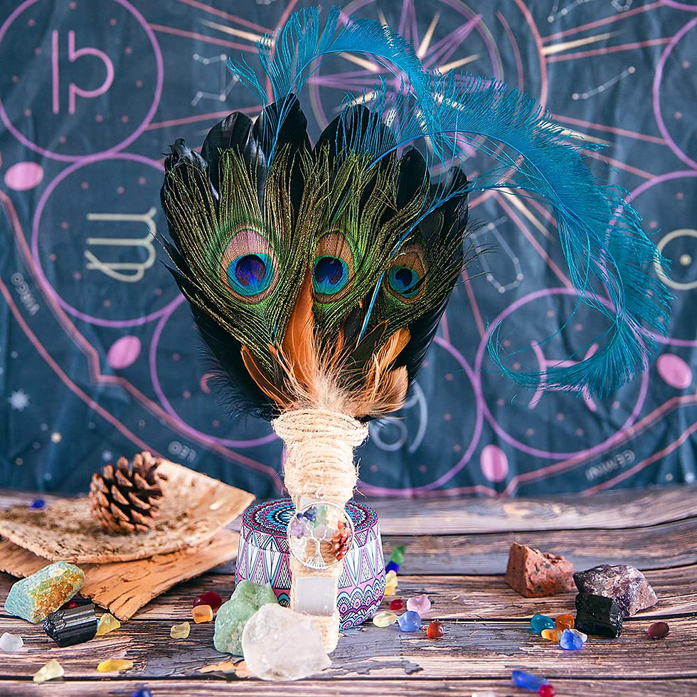 Thumbnail: Witch's Wand Feather Smudge Wand with Selenite Stick Handle and Fallen Feathe...