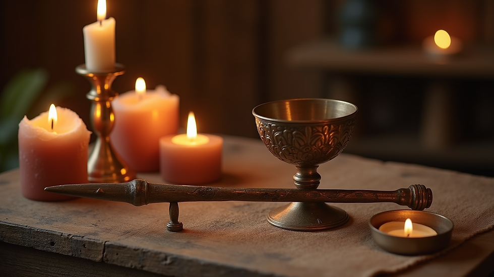 Close-up of ritual tools including an athame, chalice, and candles on a wooden altar