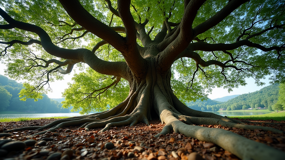 Eye-level view of an ancient tree with sprawling roots