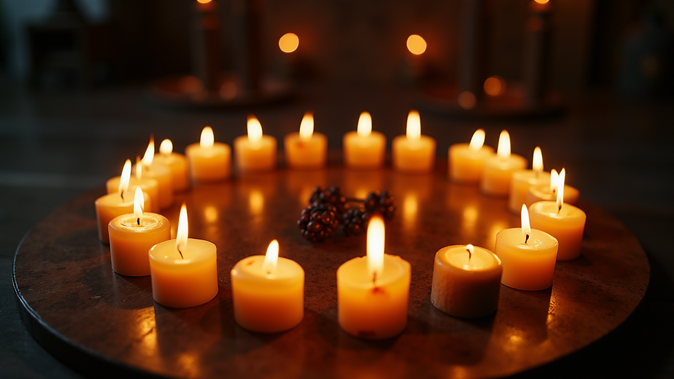 High angle view of a circle of candles lit for a coven ceremony