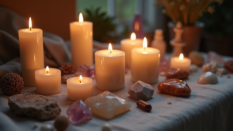 Eye-level view of a ritual altar with candles, crystals, and natural elements