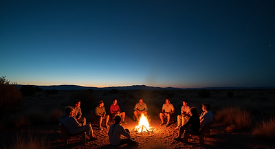 A-serene-landscape-at-dusk-in-Prewitt,-New-Mexico,-with-a-coven-gathering-around-a-bonfire