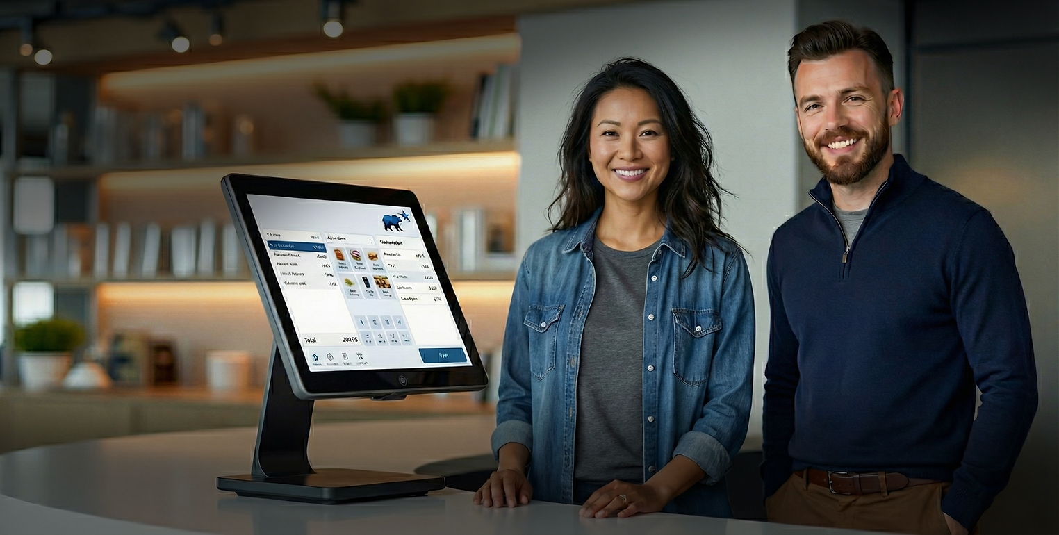 Smiling woman and man next to a modern POS system