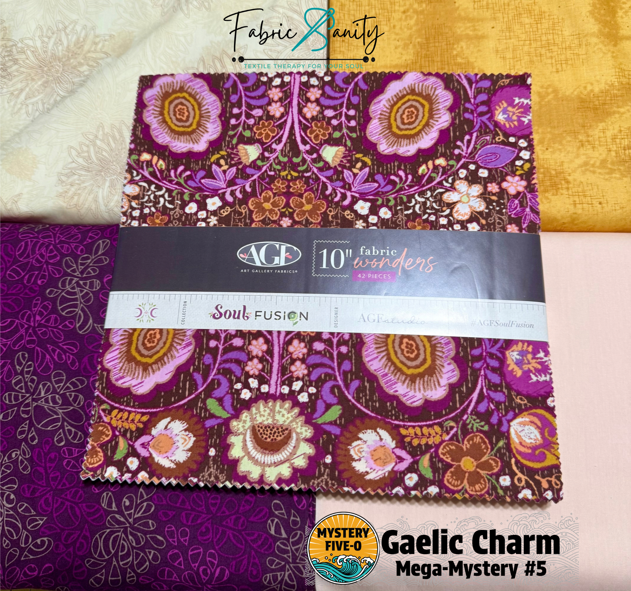 Soul Fusion Art Gallery Fabrics Gaelic Charm quilt kit Purple gold and floral M50 Gaelic Charm Mystery Quilt Kit Shamrock and