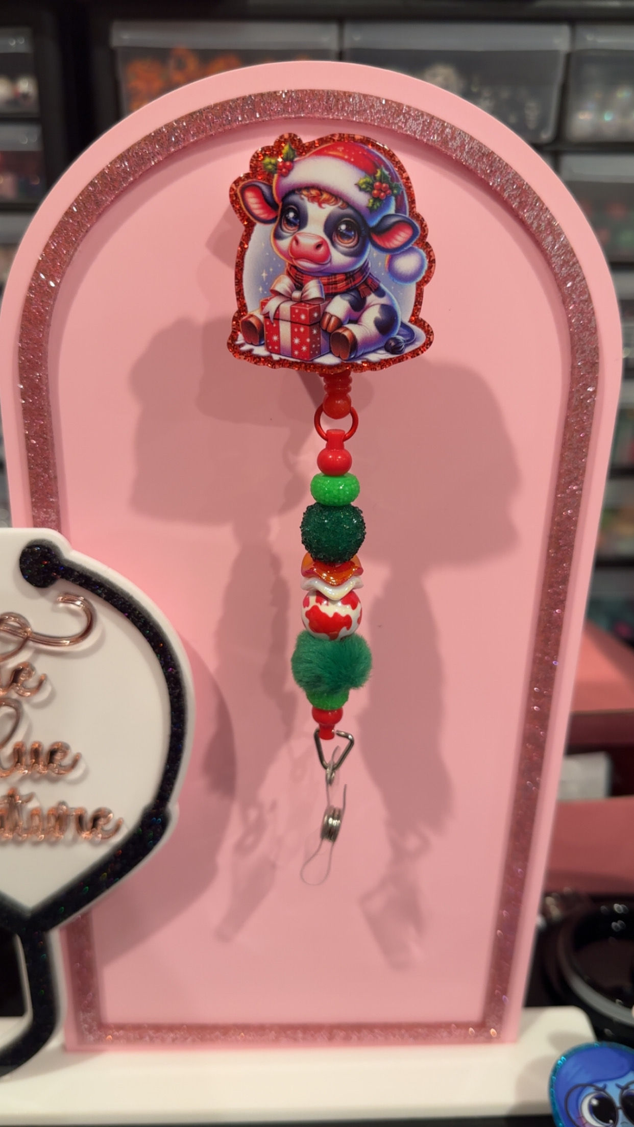 Beaded Badge Reel - Christmas Cow 