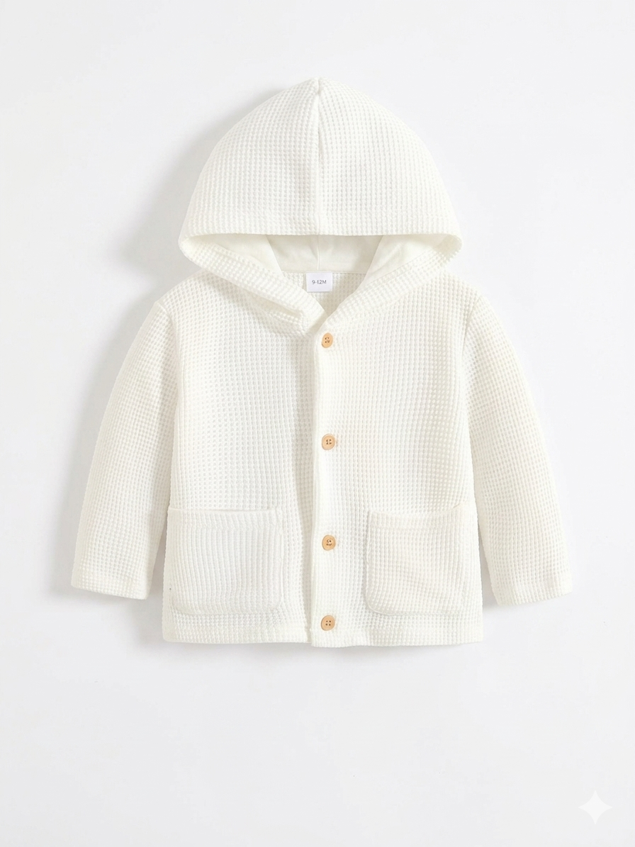Einfarbige Baby Mädchen Strickjacke in Feinstrick-Optik mit Kapuze und Knopfleiste vor weißem Hintergrund.