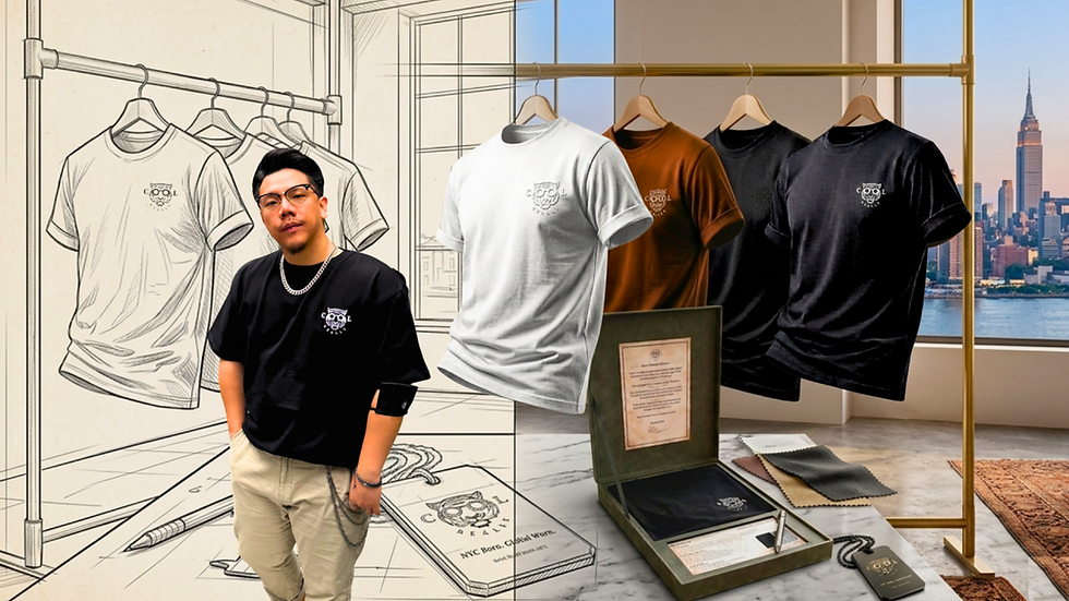 A split-screen visual representing Lifestyle Engineering by REALLY COOL®. On the left, Founder and CEO Willy Kuo stands before an architectural sketch of garment designs. On the right, the sketch transitions into real premium heavyweight cotton essentials hanging on a rack against the NYC skyline, showcasing the journey from product architecture to physical reality.