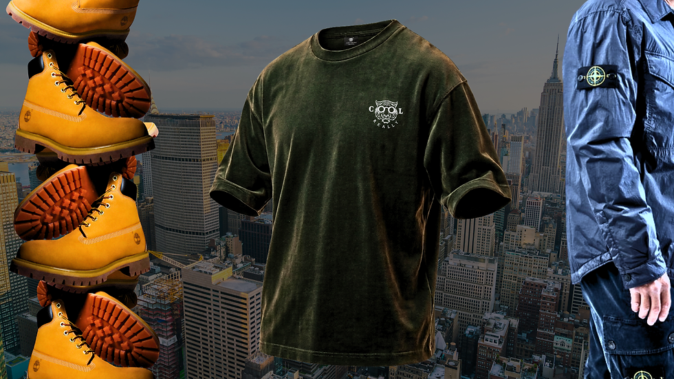 A conceptual product design graphic representing REALLY COOL®'s philosophy on enduring icons. It features classic yellow work boots on the left, a REALLY COOL® premium heavyweight t-shirt against an urban skyline in the center, and a structured utilitarian garment on the right, illustrating the transition from functional design to permanent objects.