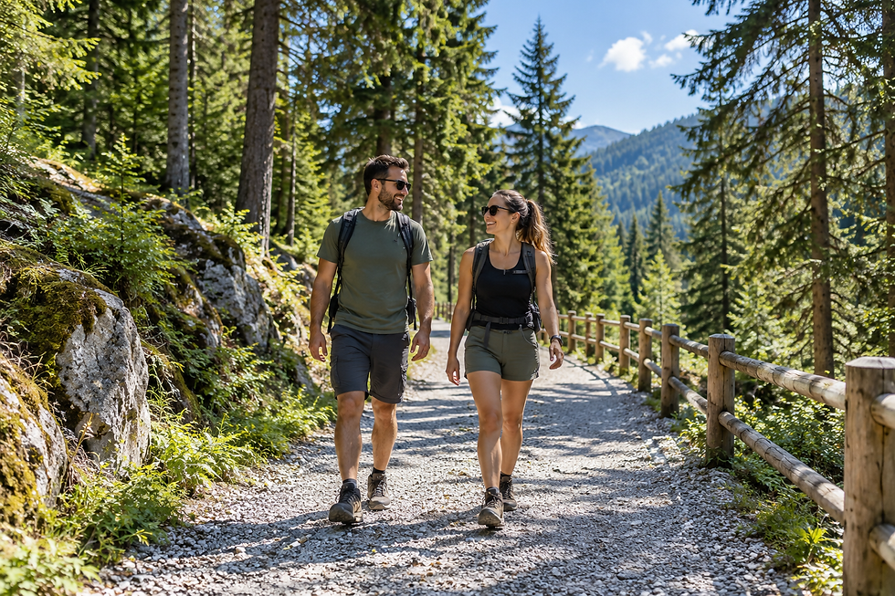 AI illustration: Illustration of a walk along a maintained path through conifer woodland.