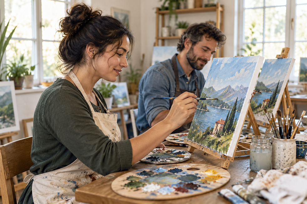 AI illustration: Adult participants painting landscapes on canvas at an art workshop.