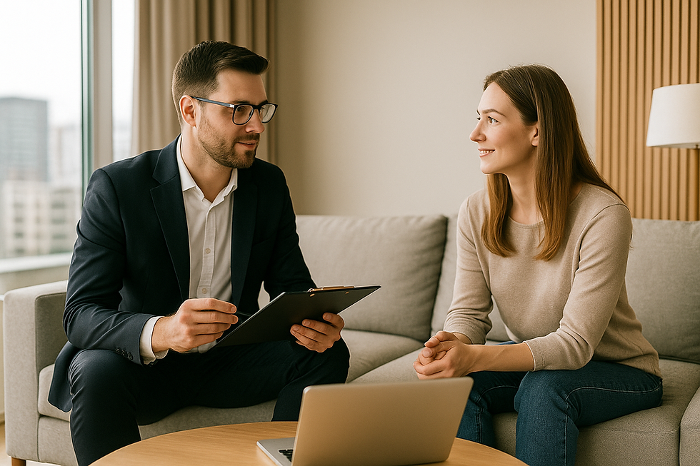 Мениджър на имоти на TopKvartiri обсъжда с клиент управлението на апартамент в София.