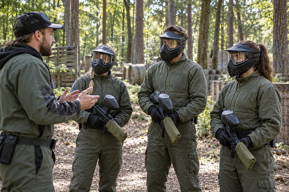 AI illustration: An instructor talking to equipped participants before a paintball game.