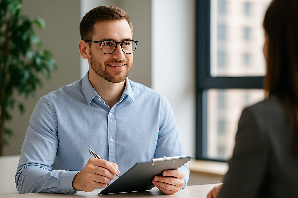 Мениджър на имоти проверява резервации в модерен офис в София.