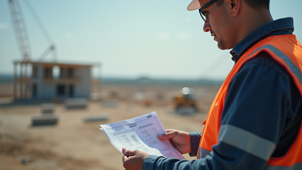 Close-up view of construction supervisor checking building plans on site