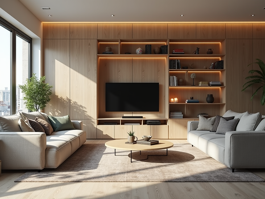 A modern, well-lit living room with clever storage solutions, showcasing maximized space a