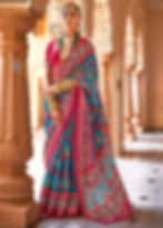 Cerulean Blue And Pink Printed Patola Silk Saree