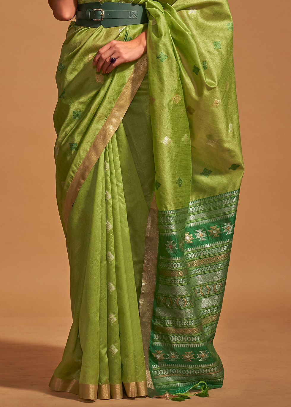 Thumbnail: Parrot Green Handloom Weaving Silk Saree Online By Kolour