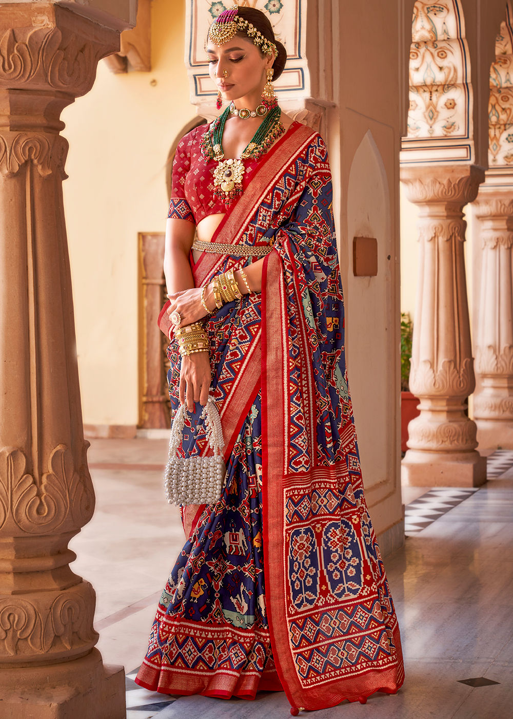 Blue And Red Printed Patola Silk Saree